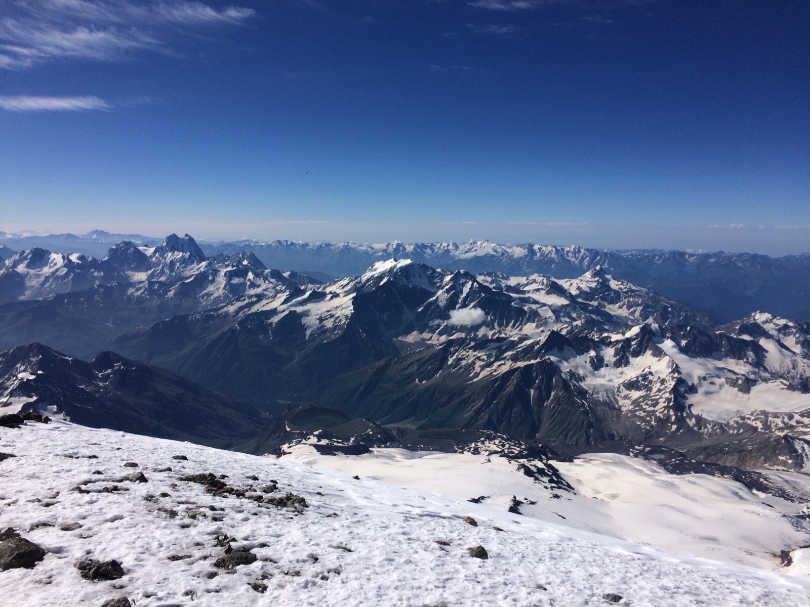 The main Caucasus range seen from the eastern summit of Elbrus, 5,621 m, where the Defender stood on the evening of 13 September 1997.