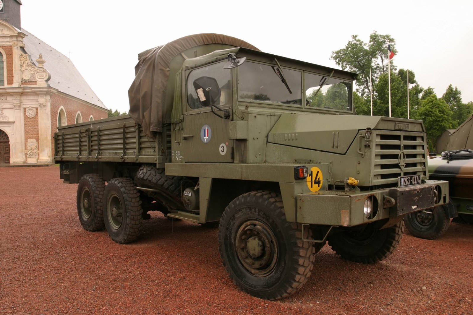 A Berliet GBC 8 KT 6x6 of the French Army; the mission's seven Gazelles were the same chassis with the civilian cab.