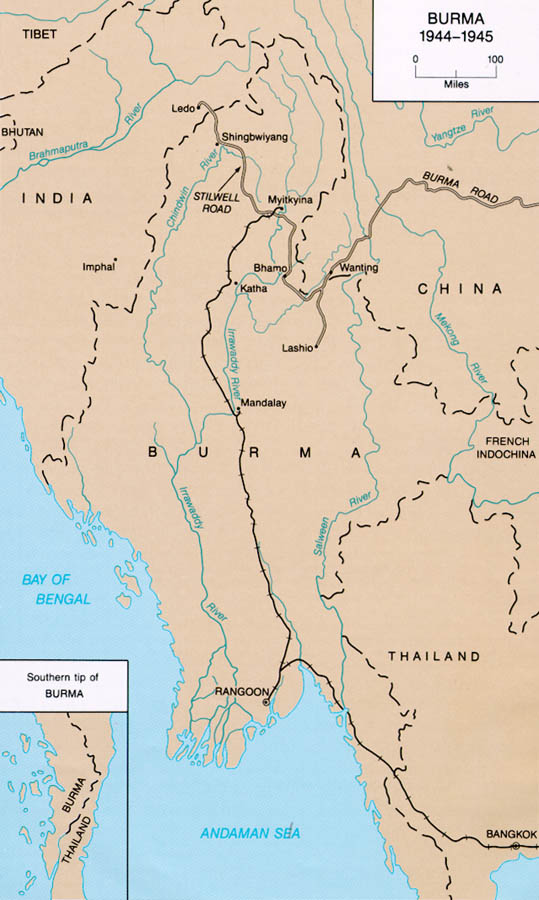 The Ledo (Stilwell) Road from Assam into Burma, mapped by the US Army in 1944–45: the road the expedition drove from Ledo to Myitkyina in December 1955.