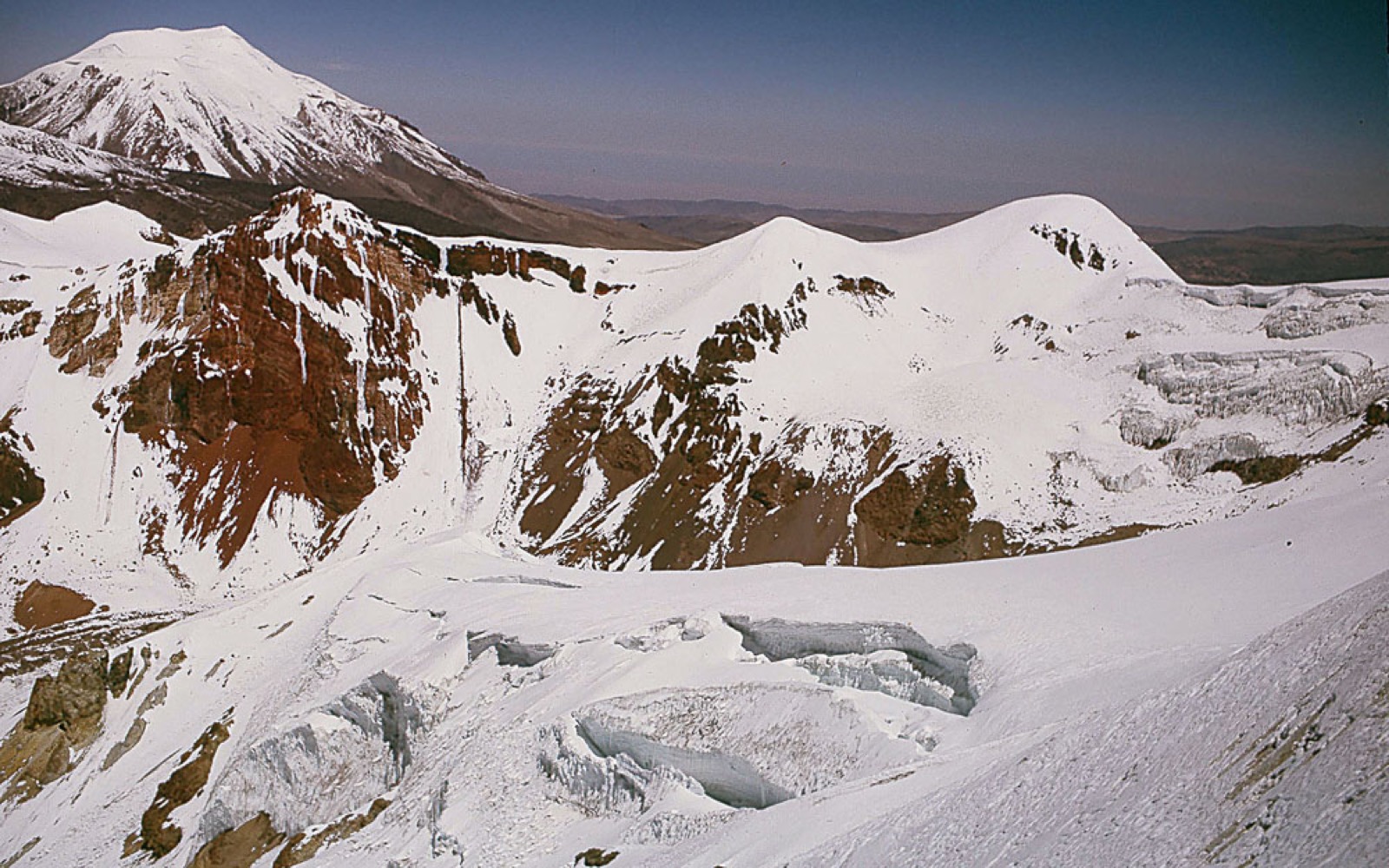 The summit area of Sabancaya, Peru, with Ampato behind — the 5,976 m volcano where the team made the first full gas measurements in December 2015. Photograph from a 1966 ascent.