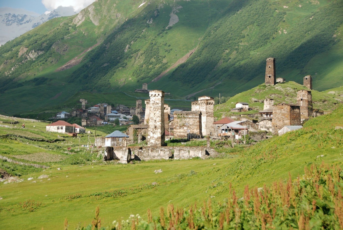 The tower-houses of Ushguli in Upper Svaneti, Georgia, at the end of the Mestia–Ushguli section the expedition surveyed in June 2016.