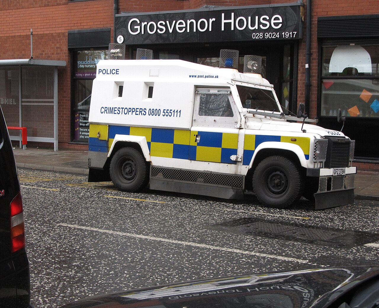 A vehicle they built: a Land Rover Tangi, designed and assembled at the RUC's own Seapark workshops, in PSNI service in Glengall Street, Belfast.