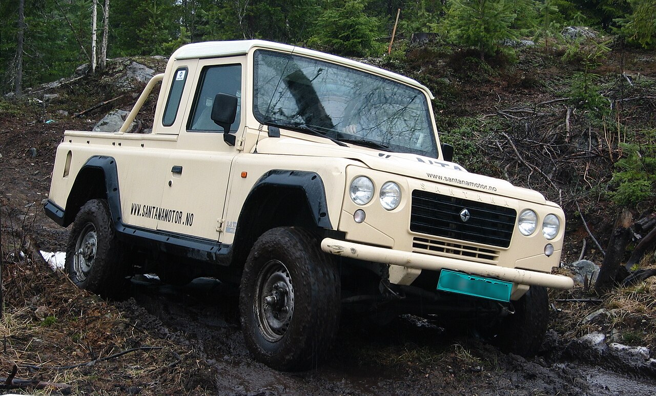 Not a Land Rover but Santana's own successor to one: a PS-10 pickup of about 2005, photographed at Lampeland in Norway. The PS-10 was designed at Linares after the Land Rover licence ended and was rebadged by Iveco as the Massif.