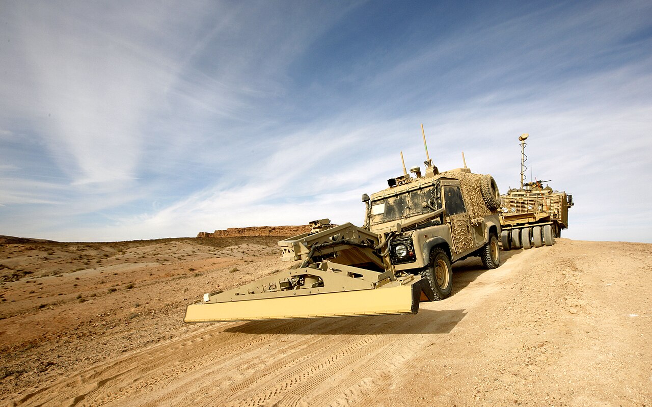 Land Rover Panama — Panama route-clearance vehicle of 5 Armoured Engineer Squadron, Royal Engineers, trailed by a Mastiff during counter-IED training, December 2012